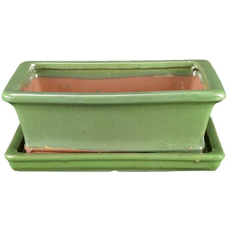 Vaso + sottovaso per bonsai rettangolare in gres smaltato verde 27x20x8 cm - GA5VS