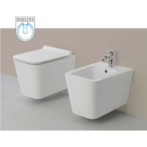 Vaso WC Rimless e Bidet Sospeso Filo Muro Linea Q Squadrato senza Brida - Formato: WC