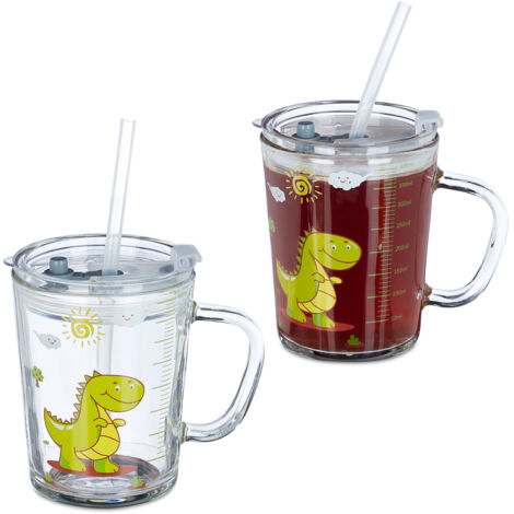 Vasos con Pajita para Niños, Set de 4, Dinosaurio, Vaso Niños con Asa, con Tapa y Pajita, 400 ml, Transparente