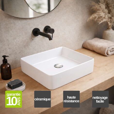 Vasque à poser carré en céramique blanc brillant L36,5 x l36,5 x Profondeur 10,5 cm – SANIZEO Square - Idéale pour salle de bain moderne