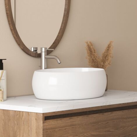 Vasque à poser en céramique blanche ovale 47x33x14,5cm – Drainage rapide – Résistante aux éclaboussures – ERIWB014 – Eridanus