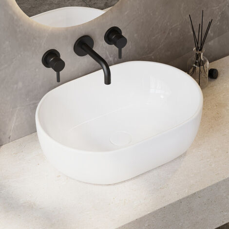 Vasque à poser céramique ovale blanche 48 x 34 x 14,5 cm – Drainage efficace – Installation simple sur tous types de surfaces – ERIVB043 – Eridanus