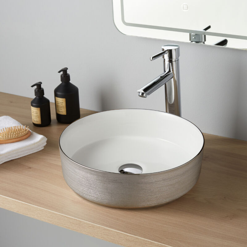 Vasque à poser céramique ronde Abbie - ø 36cm - Décor Argent blanc brillant