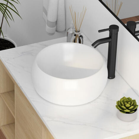 Vasque à poser céramique ronde blanche 39 x 39 x 16 cm – Surface ultra-lisse – Écoulement rapide – ERIVB032 – Eridanus