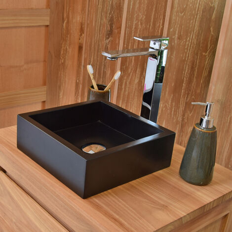 Vasque à poser effet béton noir 30x30cm – Carrée en terrazzo – Pour petites surfaces – Percement aux normes européennes – Ocean Line
