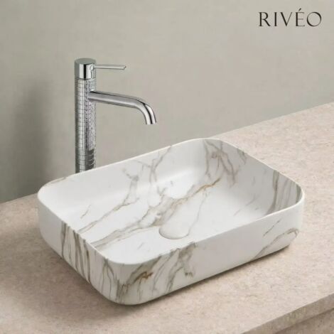 Vasque à poser en céramique blanc effet marbre 50 x 39 x 13,5 cm avec bonde clic-clac blanche incluse - RIVÉO
