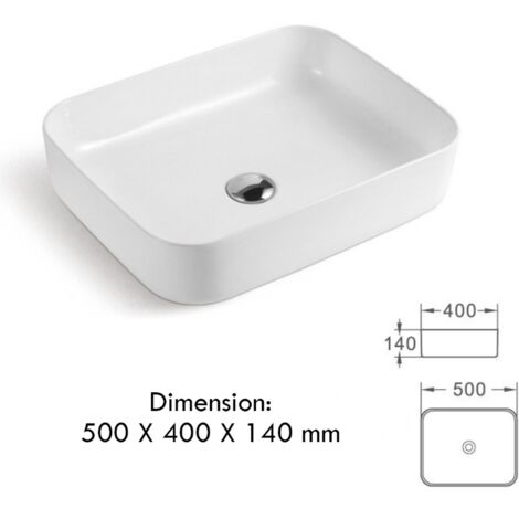 Vasque à poser en céramique lavabo perçage forme rectangle Blanc avec Bonde Siphon 500x400x140mm