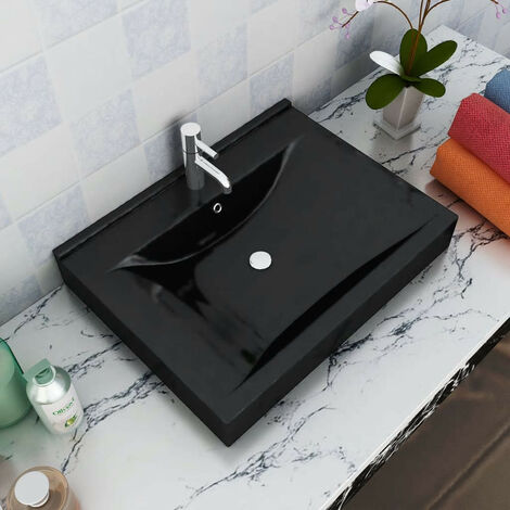 Vasque à poser en céramique noir perçage pour la robinetterie 60x46cm