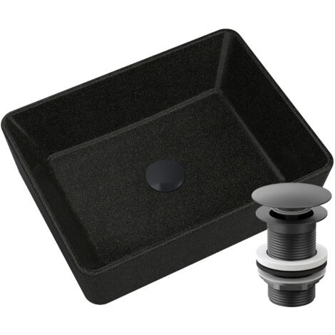 Vasque à poser en granit Merano noir avec éclats dorés + bonde clic-clac noir inclus