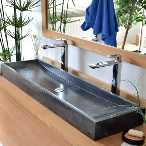 Vasque à poser en marbre noir – Forme épurée – Dimensions L 120 x l 35 x h 10 cm – Installation sur meuble suspendu recommandé – Ocean Line