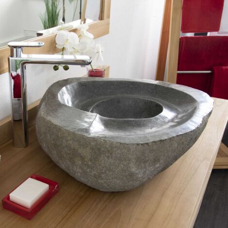 Vasque à poser en pierre de rivière Tourbillo 50 – Forme tourbillon – Diamètre 45-55 cm – Hauteur 15 cm – Pour déco minérale salle de bain – Ocean Line