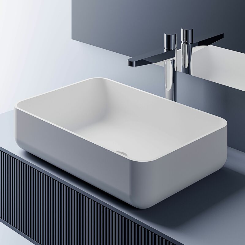 Bernstein - Vasque moderne Lavabo en fonte, Lave main à poser - 54x36x13cm - PB2001 Blanc mat, Sans cache couvercle supplémentaire