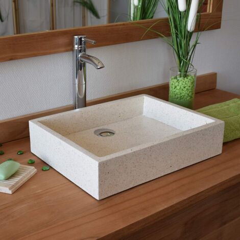 Vasque à poser en terrazzo crème – Dimensions L 45 x l 35 x h 10 cm – Surface lisse et design épuré – Pour meuble en teck massif – Ocean Line