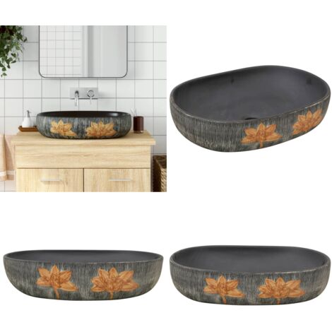 Vasque à poser gris et noir ovale 59x40x14 cm céramique - Lavabo Design - Lavabo Céramique - Lavabo Suspendu - Évier Salle De Bain - Meuble Salle De Bain - Home & Living