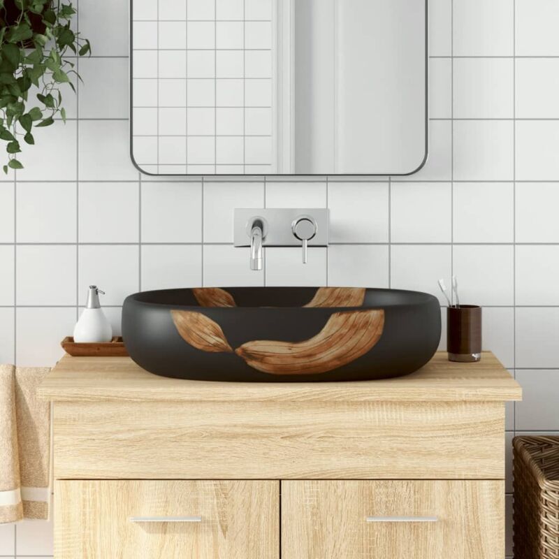 vidaXL Opzetwasbak ovaal 59x40x14 cm keramiek zwart155106
