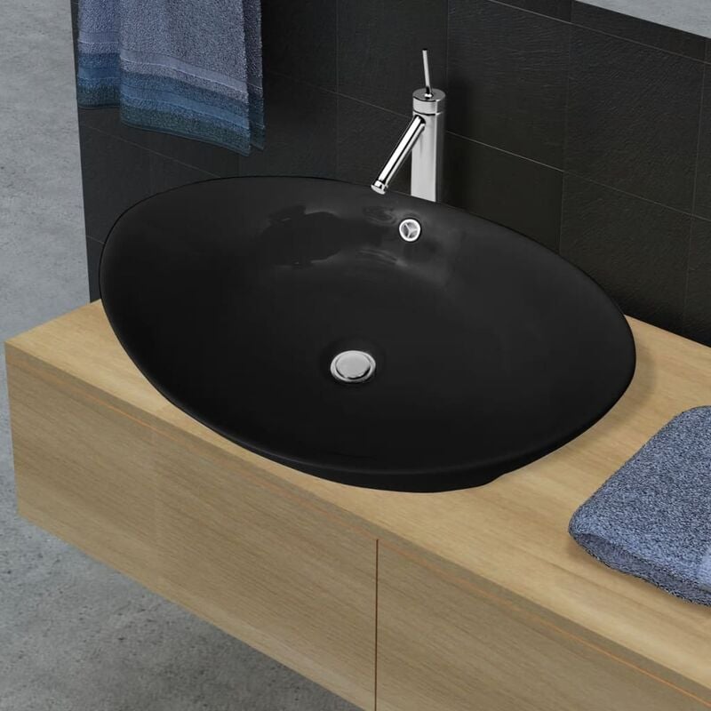 Lavabo ovale à poser Lavabo Vasque salle de bain / en céramique noir avec trop plein 59 x 38,5 cm