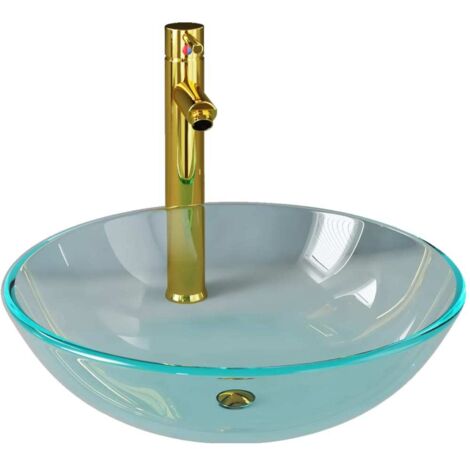 Vasque à poser Lavabo à poser pour salle de bain - avec robinet et drain à poussoir Verre trempé BV413620 - BonneVie