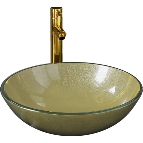 Vasque à poser Lavabo à poser pour salle de bain - avec robinet et drain à poussoir Verre trempé BV868043 - BonneVie