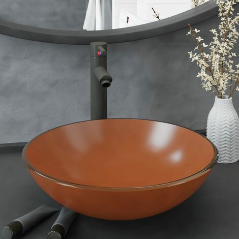 Vasque à poser, Lavabo de bain avec robinet et drain à poussoir Verre trempé IKJ38591