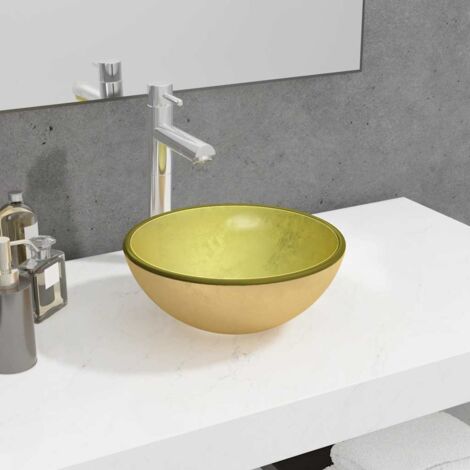 Vasque à poser, Lavabo de salle de bain, Bac à laver Verre trempé 30x12 cm Doré IKJ12674