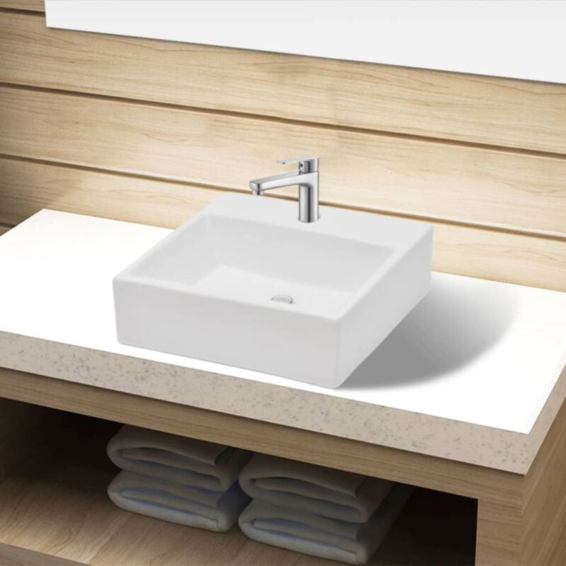 Vasque à poser Lavabo de salle de bain carré à trou pour robinet Céramique Blanc