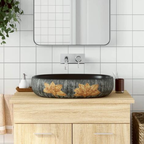 Vasque à poser-Lavabo de salle de bain gris et noir ovale 59x40x14 cm céramique 375964