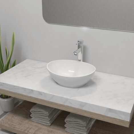 Vasque à poser Lavabo de salle de bain，Bac à laver，Évier avec mitigeur Céramique Ovale Blanc MEMV203240