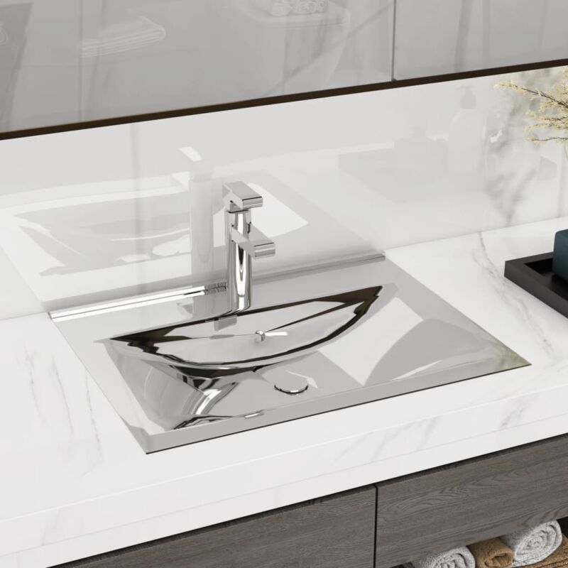 Vasque à poser Lavabo Évier à poser Bac à laver avec trop-plein 60x46x16 cm Céramique Argenté CVW82371