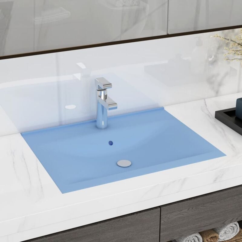Vasque à poser Lavabo Évier à poser Bac à laver avec trou de robinet Bleu clair mat 60x46 cm Céramique CVW24397