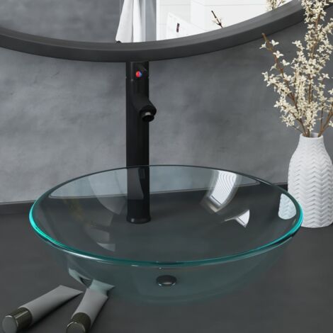 Vasque à poser Lavabo  Évier à poser  Bac à laver de bain avec robinet et drain à poussoir Verre trempé CVW35449