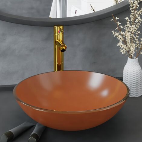 Vasque à poser Lavabo  Évier à poser  Bac à laver de bain avec robinet et drain à poussoir Verre trempé CVW46378