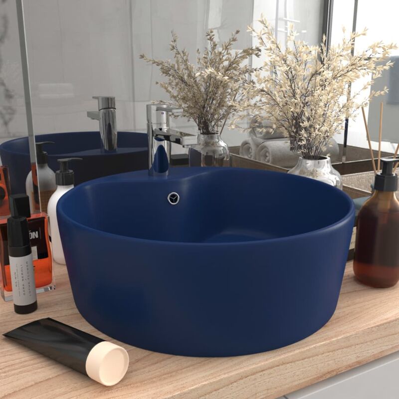 Vasque à poser Lavabo Évier à poser Bac à laver de luxe avec trop-plein Bleu foncé mat 36x13cm Céramique CVW27652