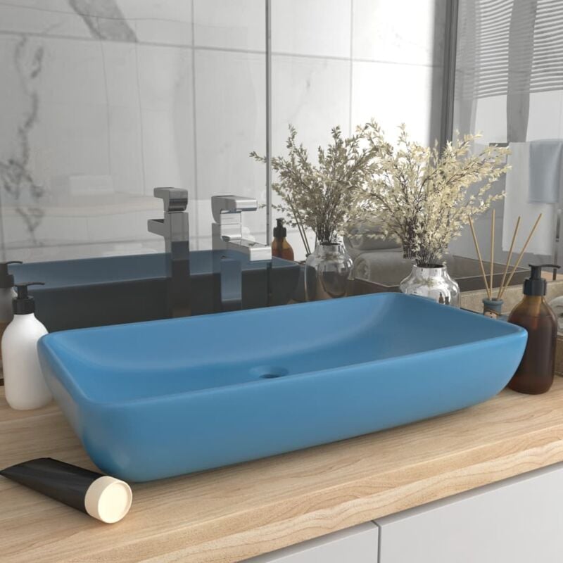 Vasque à poser Lavabo Évier à poser Bac à laver de luxe rectangulaire Bleu clair mat 71x38 cm Céramique CVW27946