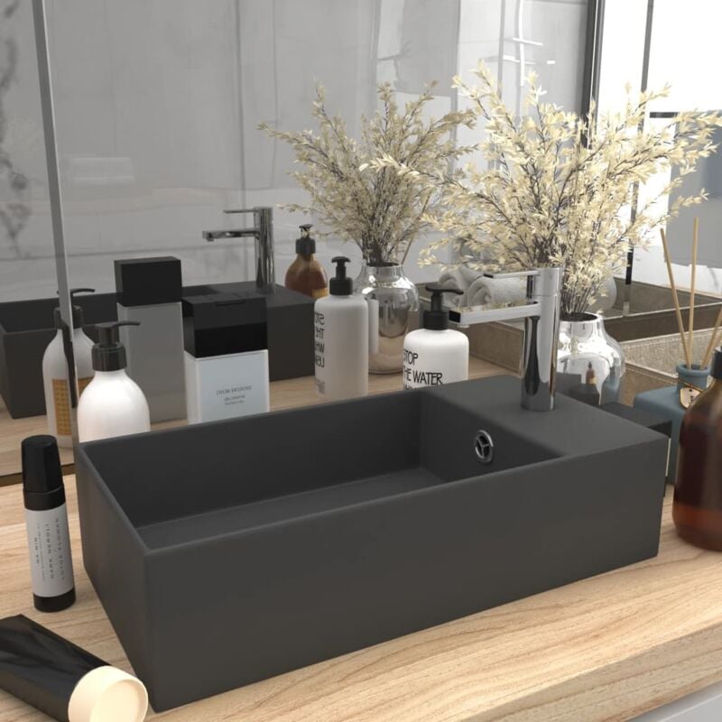 Vasque à poser Lavabo Évier à poser Bac à laver de salle de bain avec trop-plein Céramique Gris foncé CVW73087