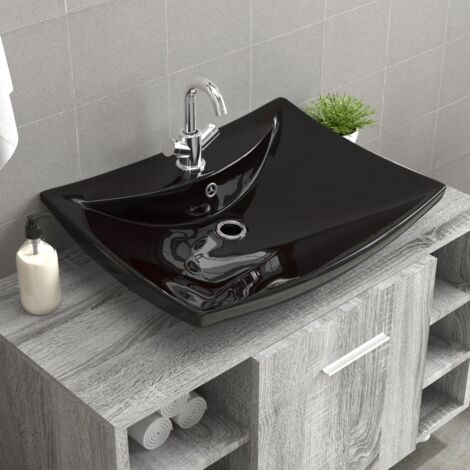 Vasque à poser Lavabo  Évier à poser  Bac à laver rectangulaire en céramique noir de luxe avec trop-plein et trou CVW65722