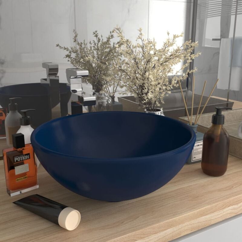 Vasque à poser Lavabo Évier à poser Bac à laver rond de luxe de salle Bleu foncé mat 32,5x14cm Céramique CVW79764