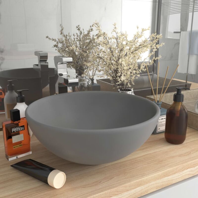 Vasque à poser Lavabo Évier à poser Bac à laver rond de luxe de salle Gris clair mat 32,5x14cm Céramique CVW94212