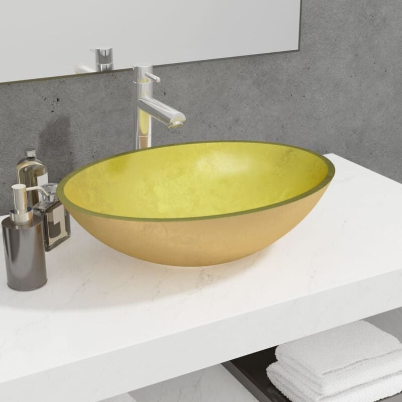 Vasque à poser Lavabo Évier à poser Bac à laver Verre 50x37x14 cm Doré CVW43173