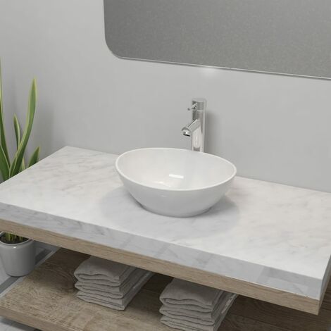 Vasque à poser - Lavabo Lave-mains - Évier avec mitigeur Céramique Ovale Blanc Chic-715457