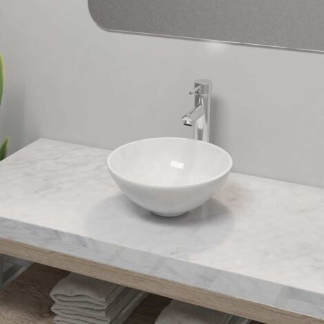 Vasque à poser - Lavabo Lave-mains - Évier avec mitigeur Céramique Rond Blanc Chic-204873