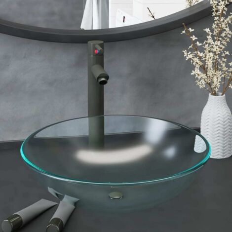 Vasque à poser - Lavabo Lave-mains - Évier avec robinet et drain à poussoir Verre trempé Chic-953284