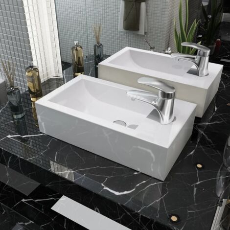 Vasque à poser - Lavabo Lave-mains - Évier + trou de robinet Céramique Blanc 46 x 25,5 x 12 cm Chic-565226