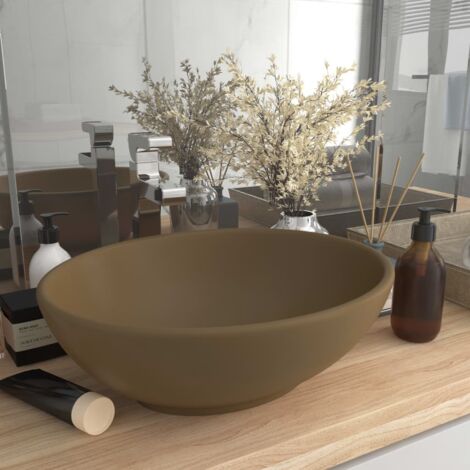 Vasque à poser, Lavabo ovale de luxe, Bac à laver Crème mat 40x33 cm Céramique IKJ30341
