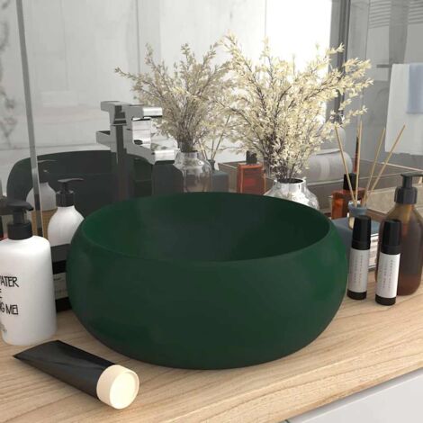 Vasque à poser, Lavabo rond de luxe, Bac à laver Vert foncé mat 40x15 cm Céramique IKJ22661