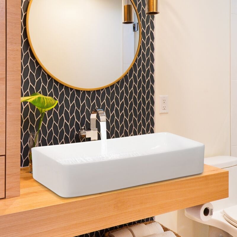 Vasque à Poser Lavabo Salle de Bain 60 x 35 cm avec Vidange Escamotable Conception de Glaçure en Porcelaine Blanche Blanc design in
