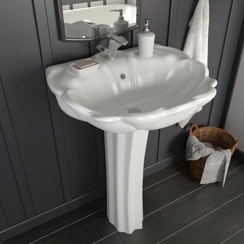 Vasque à poser Lavabo,Bac à laver,Évier autoportant avec socle Céramique Blanc 580x510x200 mm CFW28369