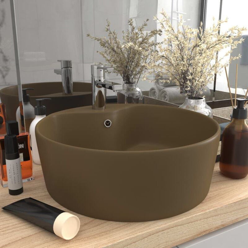 Vasque à poser Lavabo Évier à poser Bac à laver de luxe avec trop-plein Crème mat 36x13 cm Céramique CVW13403