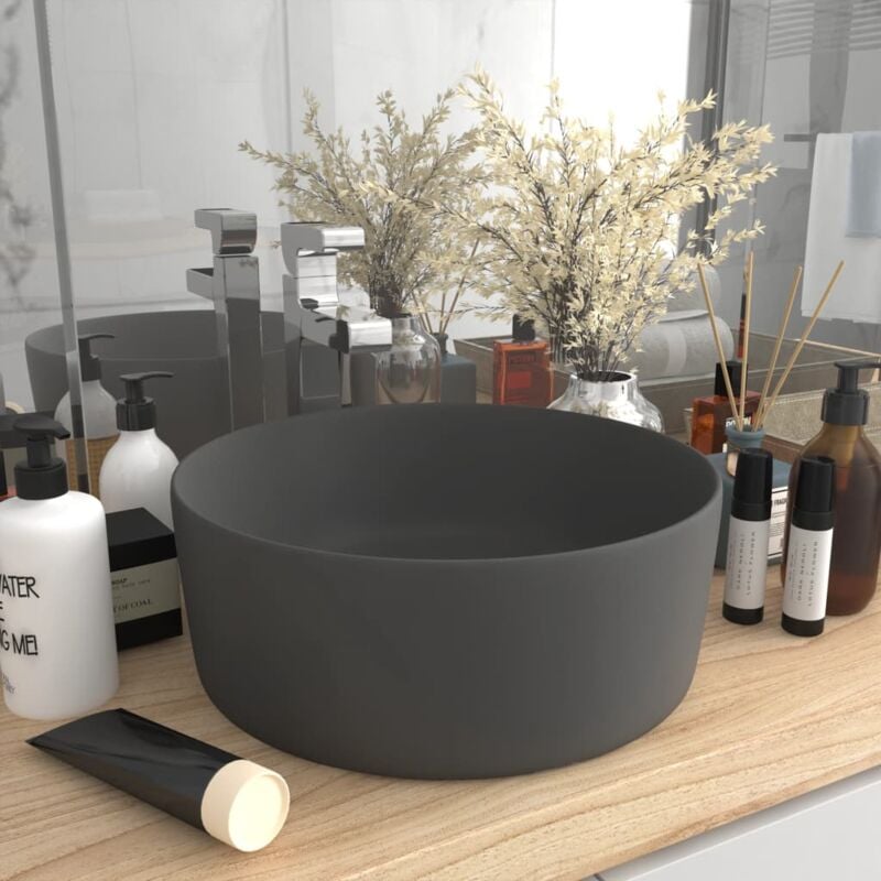 Vasque à poser Lavabo Évier à poser Bac à laver rond de luxe Gris foncé mat 40x15 cm Céramique CVW61608