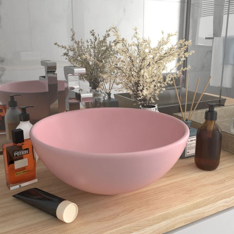 Vasque à poser Lavabo,Bac à laver,Évier rond de salle de bain Rose mat 32,5x14 cm Céramique CFW76838