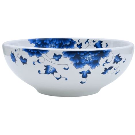 Vasque à poser Lavabo，Évier à poser，Bac à laver blanc et bleu rond Φ41x14 cm céramique CFW55243